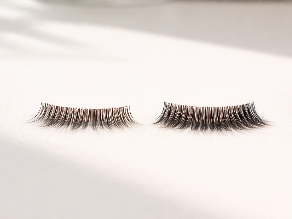 Minimal close-up of two lash swatches: extension-damaged lashes next to healthier regrowth