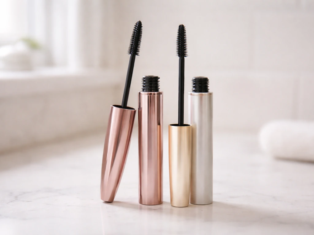 Two mascara bottles side by side with wands visible on a clean vanity surface, for fuller-looking lashes.