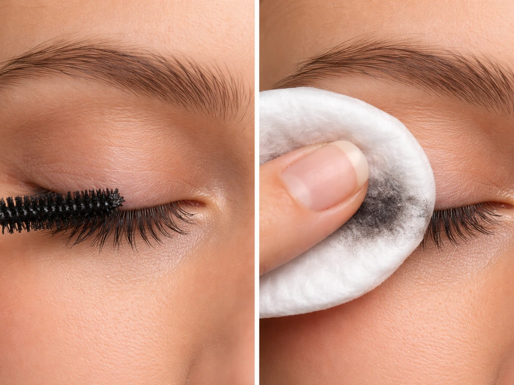 Close-up of mascara wand coating lashes from base to tip, and a cotton pad removing mascara gently