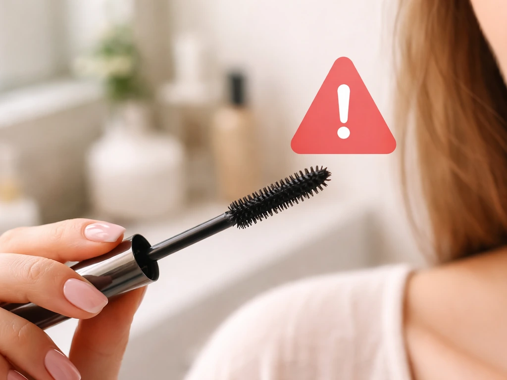 Intact mascara wand held away from the eye beside a simple medical-style warning icon, safety-focused.