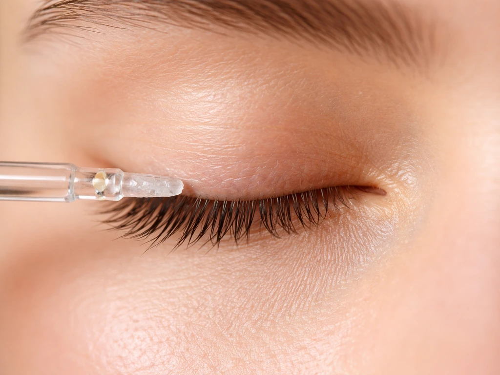 Close-up of an upper lash line with a clear lash serum brush applying product to lash roots.