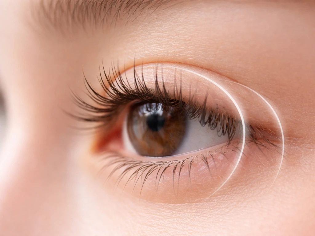 Close-up of an eye with eyelashes in focus and subtle light arcs suggesting growth cycle phases.