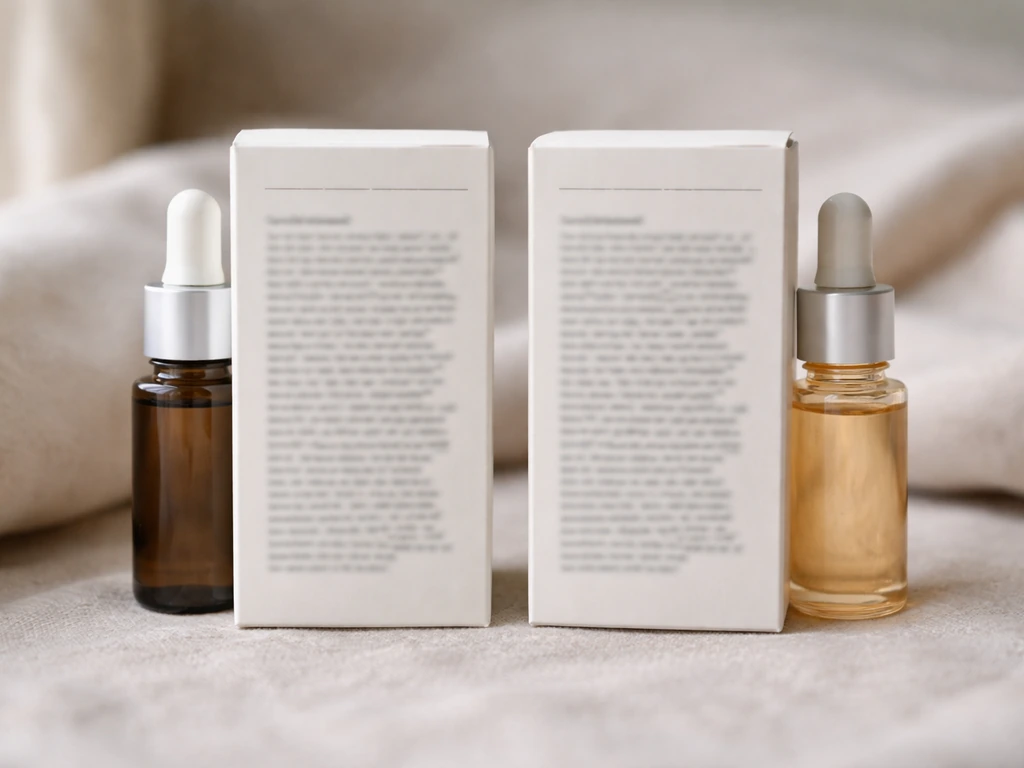 Two unlabeled lash serum bottles side-by-side with blurred ingredient panels for different lash scenarios.
