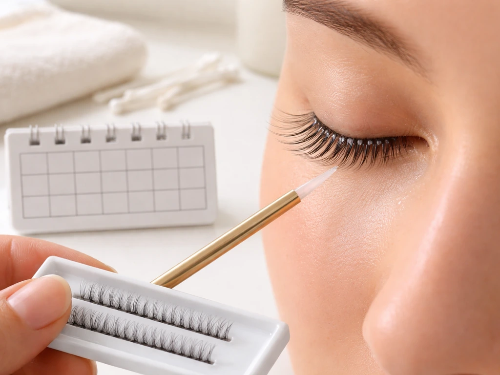 Close-up of clear lash serum applied with a micro-brush on a clean lash line, with a blank timer nearby.