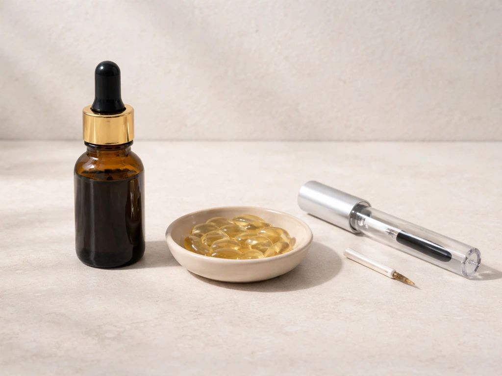 Amber castor oil bottle, generic biotin capsules, and a clear lash serum applicator arranged on a clean surface.
