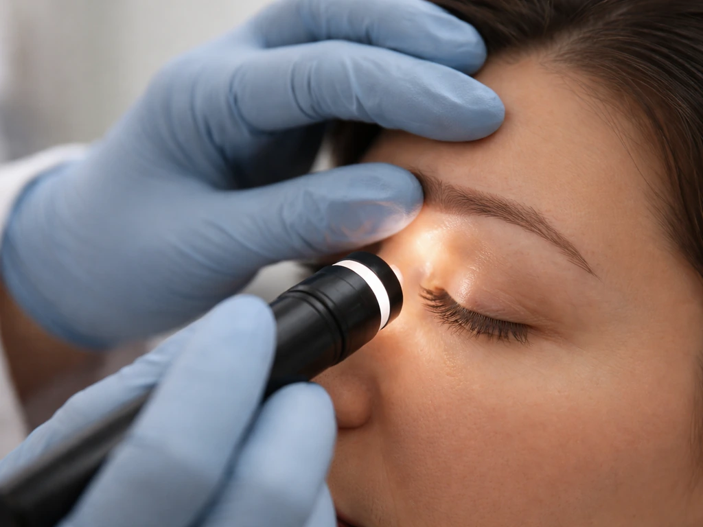 Clinician using a magnifier to examine an eyelid and lash line in a calm clinic room.