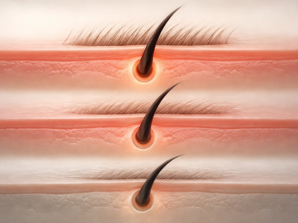 Macro view of an eyelash follicle shown in three growth cycle stages with no text or arrows.