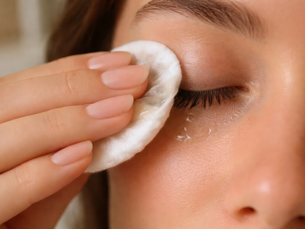 Hands applying oil-based eye makeup remover to a cotton pad at the lash line in soft light.