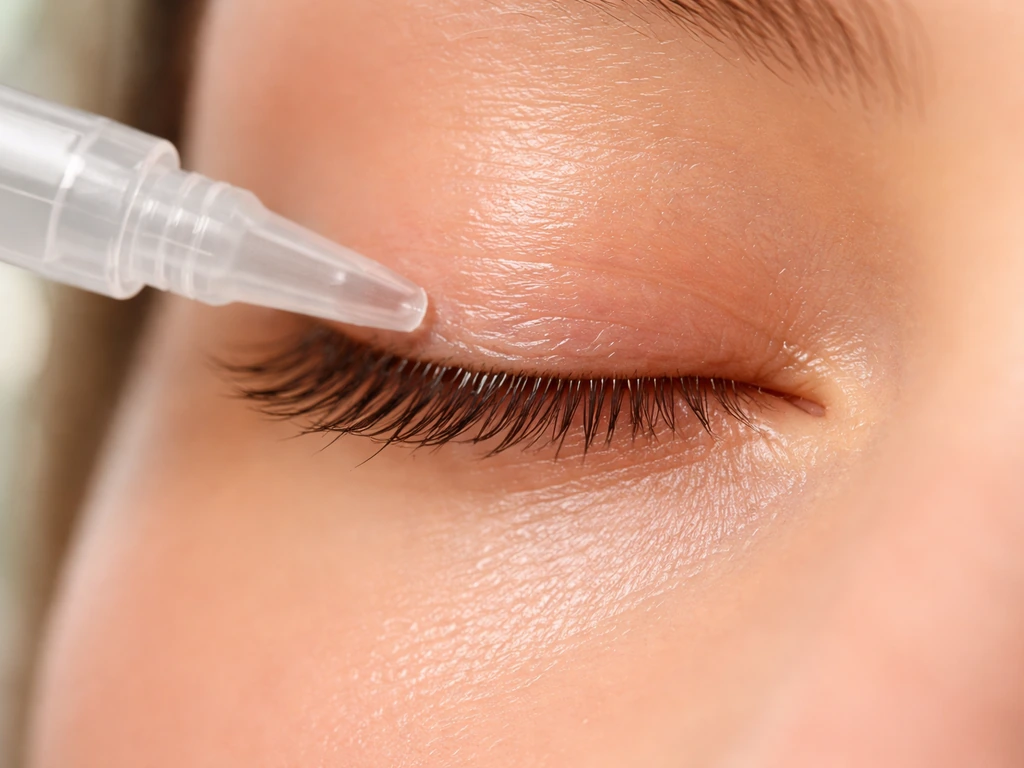 Close-up of a sterile applicator tip applying clear lash serum along the upper lash line on clean, dry eyelids