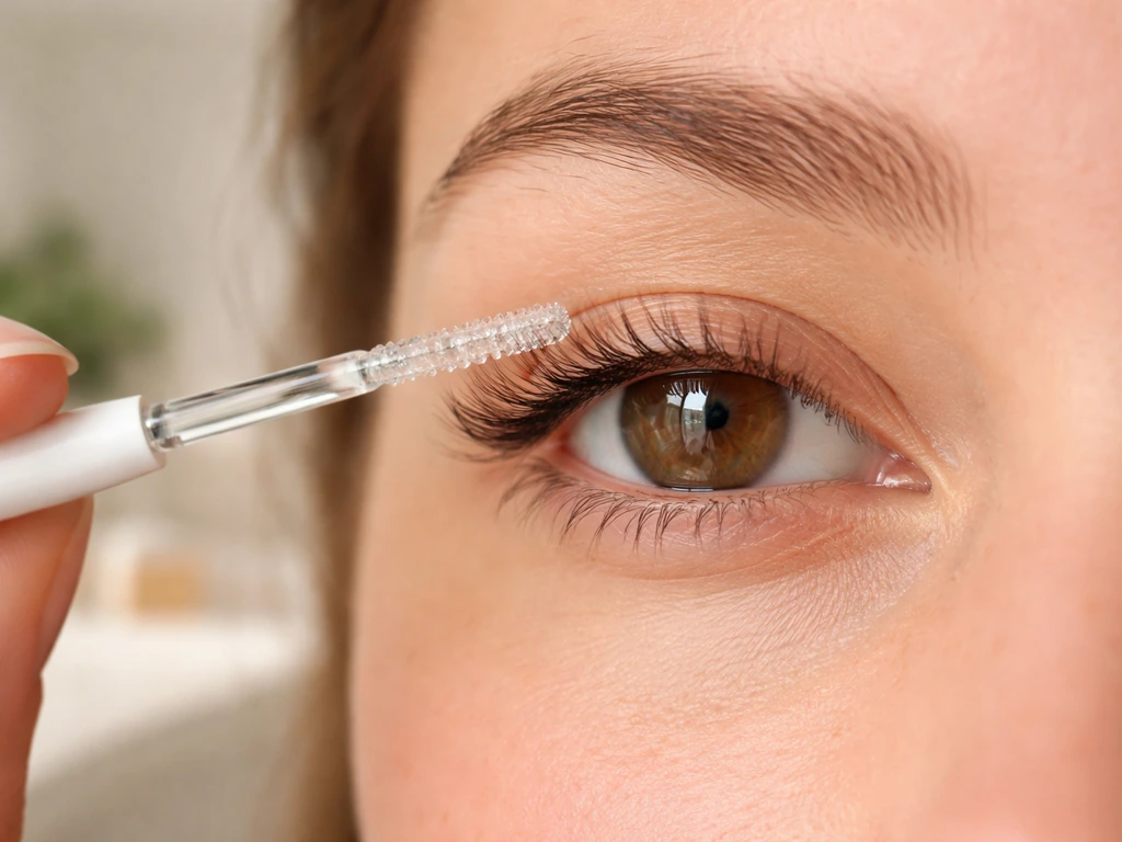 Close-up of clean, dry eyelid applying lash serum along the upper lash line with a small applicator