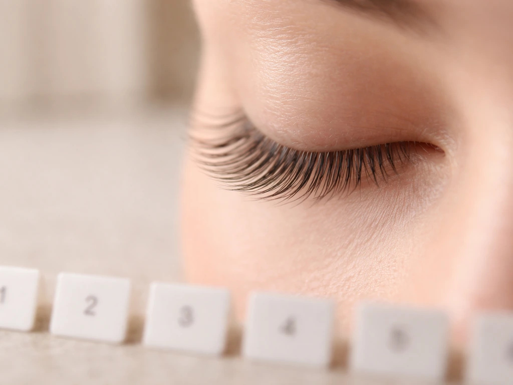 Minimal photo of a close-up lash growth timeline with soft lashes and staged day markers on a neutral background