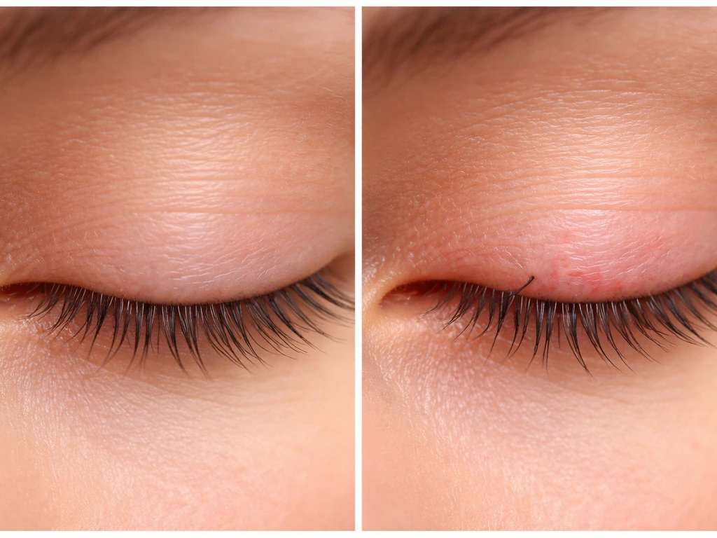 Close-up of an eyelid margin with a normal lash on one side and a misdirected irritated lash on the other.