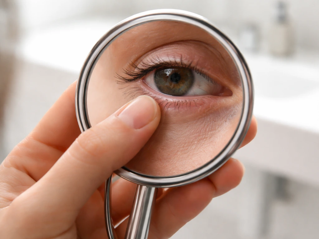 Anonymous person gently pulls down the lower eyelid and inspects it with a small mirror under bright light.