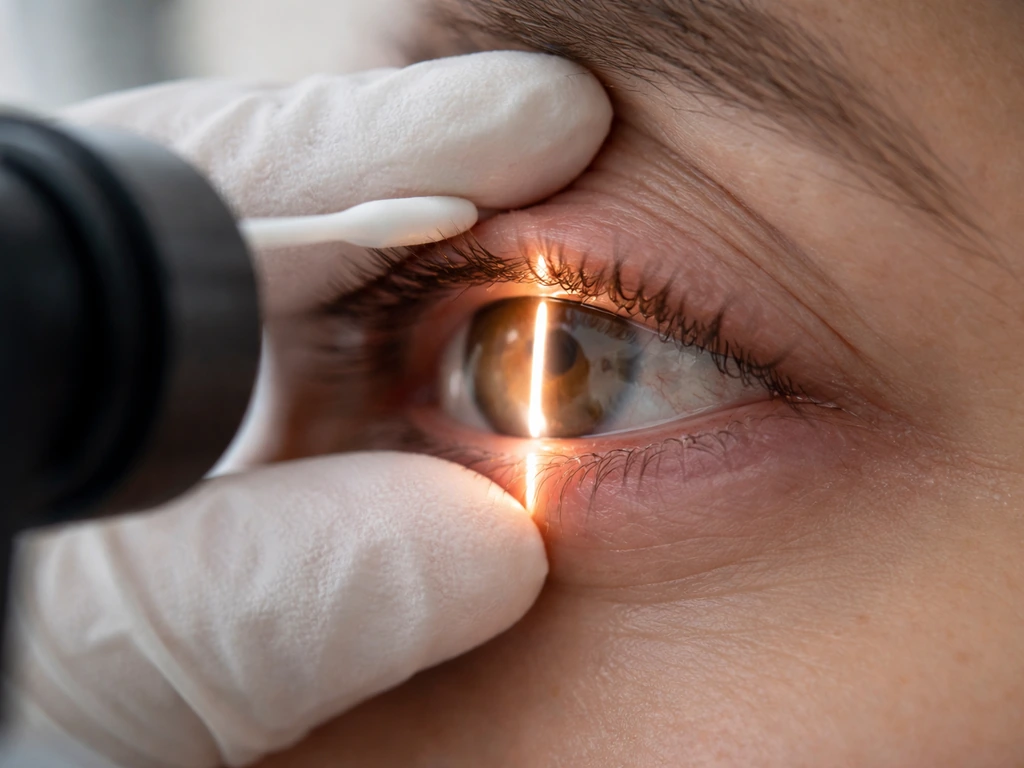 Close-up of a slit-lamp exam showing eyelid margin and inward-turning eyelashes under a thin light beam.