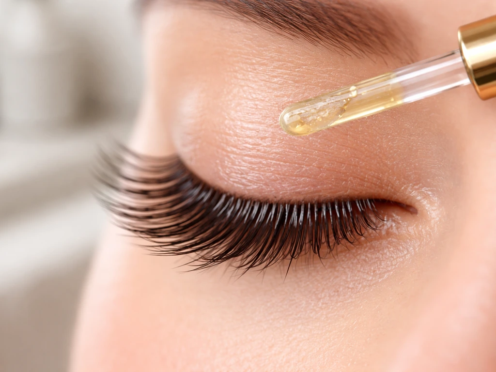 Close-up of conditioned eyelashes with a jojoba oil wand hovering near the lash line.