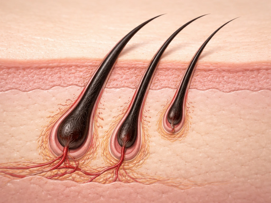 Macro photo illustration of an eyelash follicle cross-section showing cycling phases: active, regression, rest.