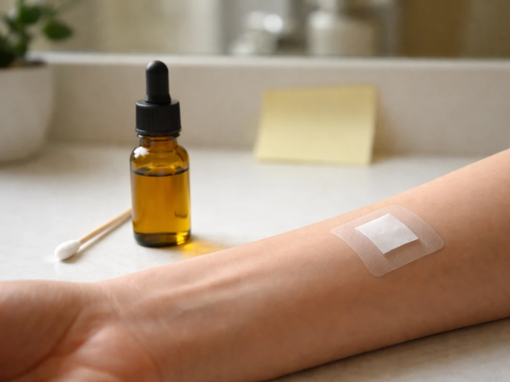 Jojoba patch test setup with bottle, cotton swab, and adhesive patch on an inner forearm