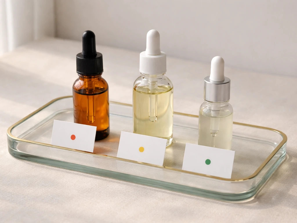 Three beauty oil items on a clean vanity, including jojoba, a basic conditioner oil, and an evidence-focused lash serum.