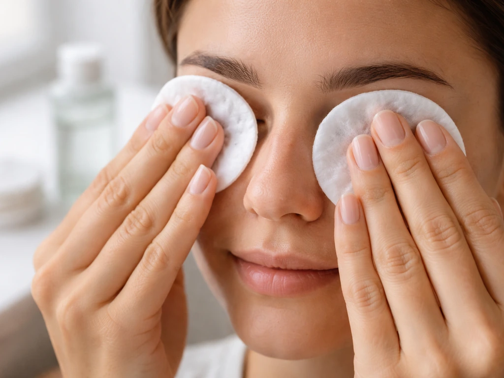 Cotton pad gently pressed on closed eyelids with visible micellar cleanser for non-scrubbing makeup removal.