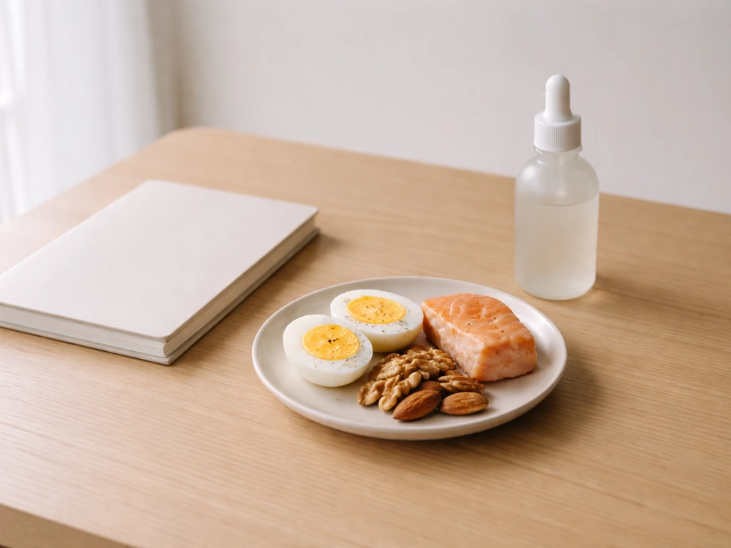 Still life of eggs, salmon, and nuts beside an unbranded lash-care journal and supplement bottle.