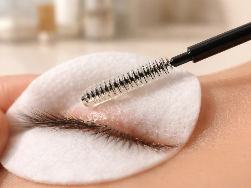 Disposable mascara wand lightly dipped in castor oil held at lash line near a cotton pad.