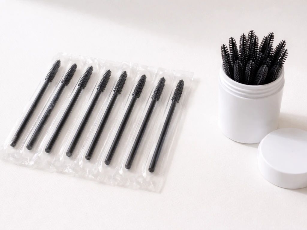 Clean disposable mascara spoolies arranged separately next to a freshly opened applicator container.