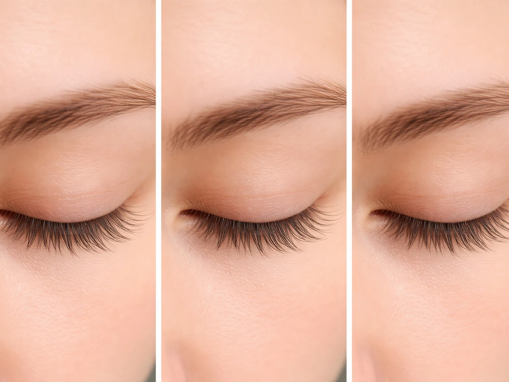 Close-up of eyelash line showing lashes after trimming and regrowth over weeks, staged in one minimal frame.