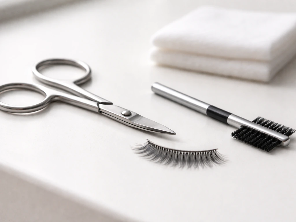 Small facial scissors with rounded tips beside a lash comb on a clean vanity, showing careful trimming setup.