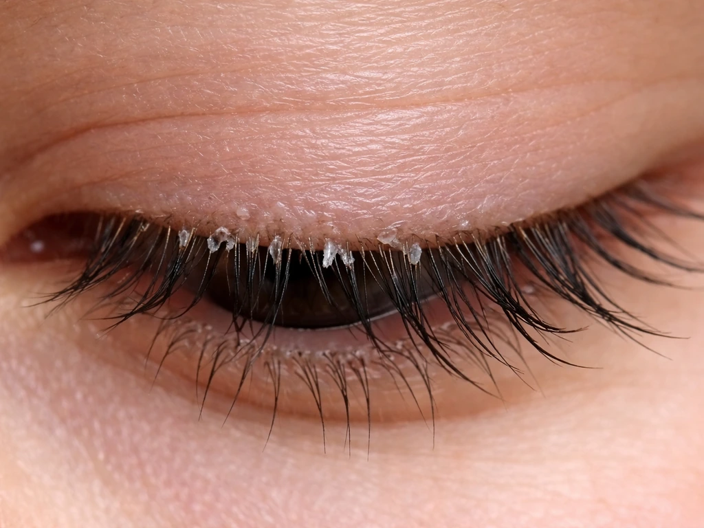 Close-up of eyelashes with slight clumping residue and a few broken lashes near the lash line
