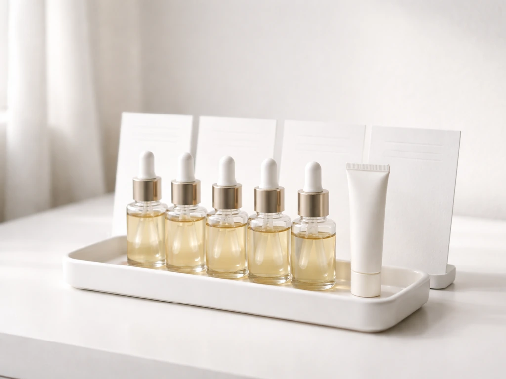 Minimal lineup of lash serum ingredient bottles and ingredient cards on a clean vanity tray