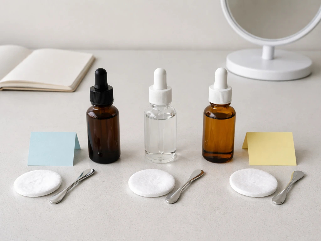 Three unlabeled dropper bottles on a simple desk, arranged side-by-side to suggest ingredient comparison.
