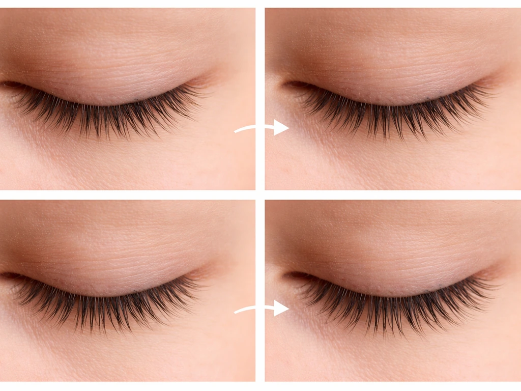 Minimal before-and-after lashline photos showing week-by-week regrowth progression with arrows