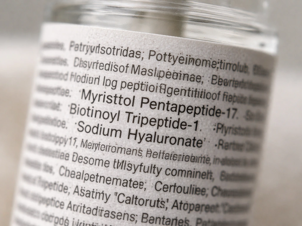 Macro close-up of a lash serum ingredient list with clear focus on label wording details.