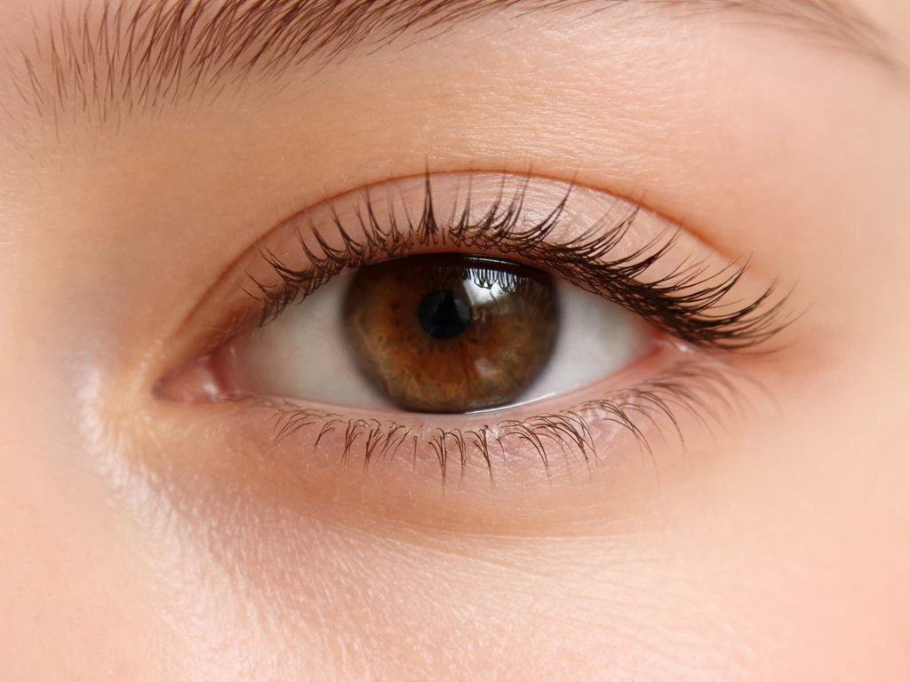 Close-up of natural eyelashes with subtle castor-oil shine on an eye