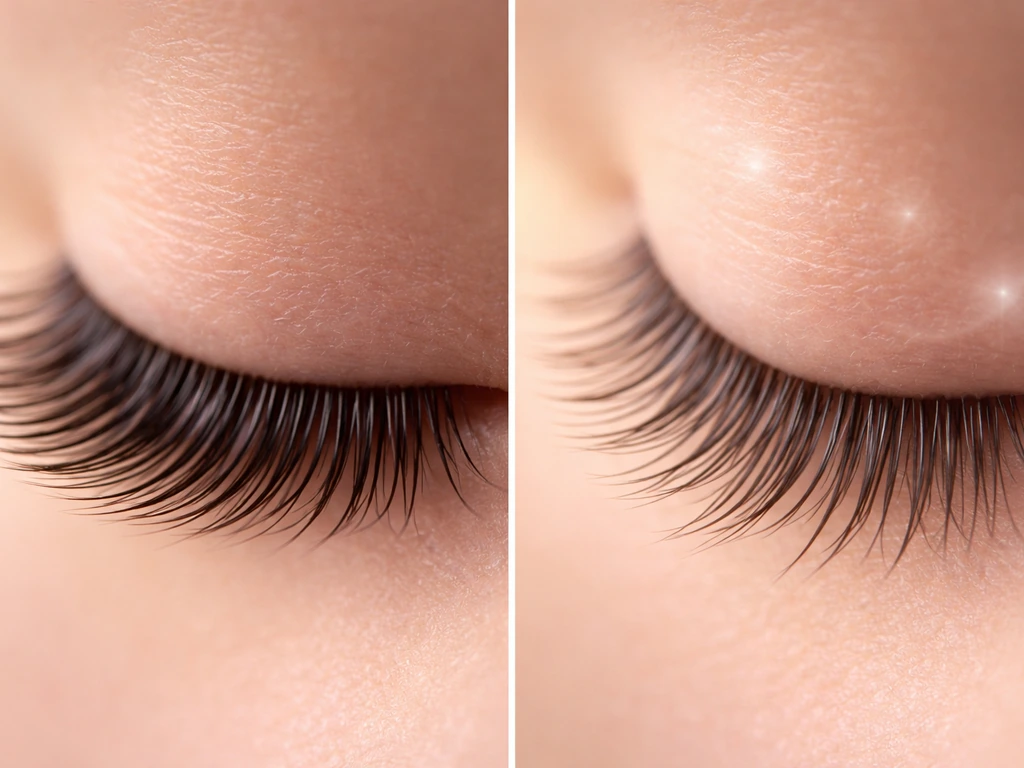 Split image of eyelashes: left looks denser and longer, right suggests gradual growth over time concept.