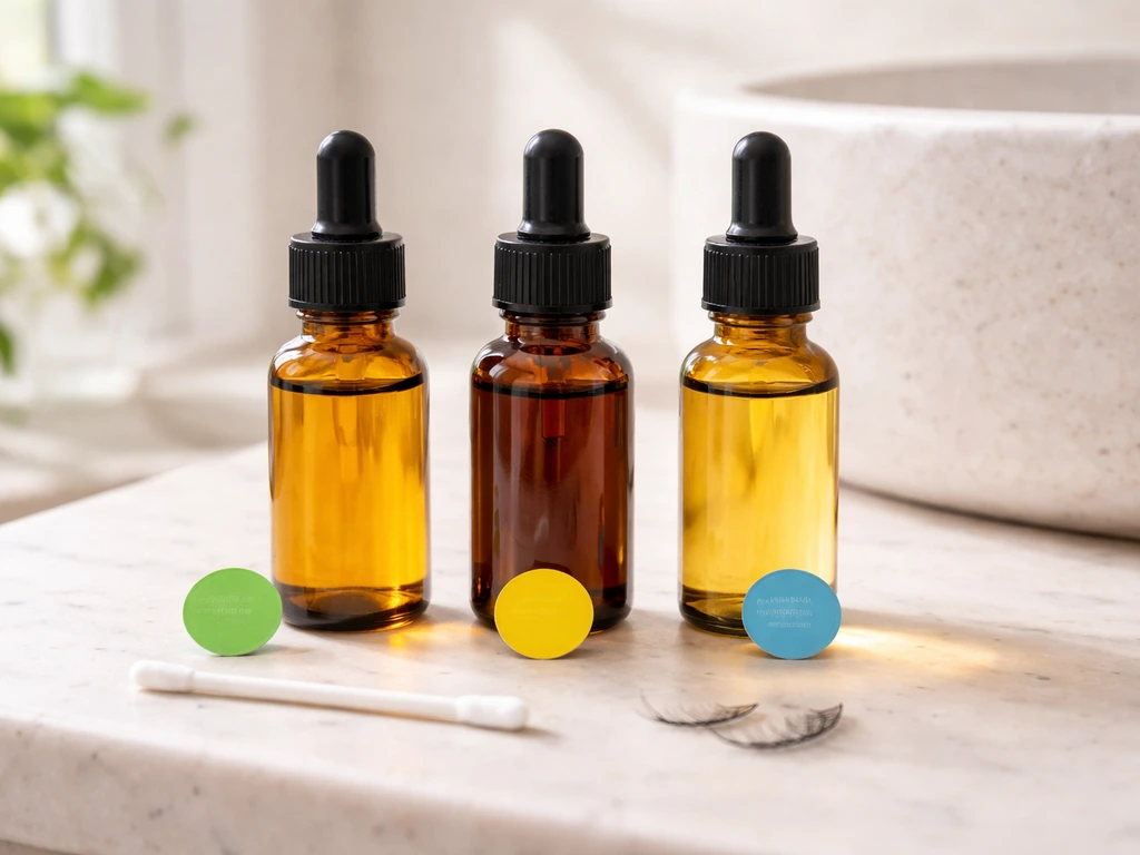 Three castor oil bottles on a bathroom counter with cotton swab and eyelashes nearby.