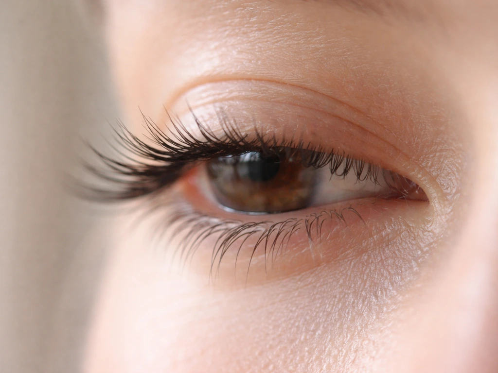 Close-up macro of healthy eyelashes with soft natural light, subtle routine-care feel, no text.