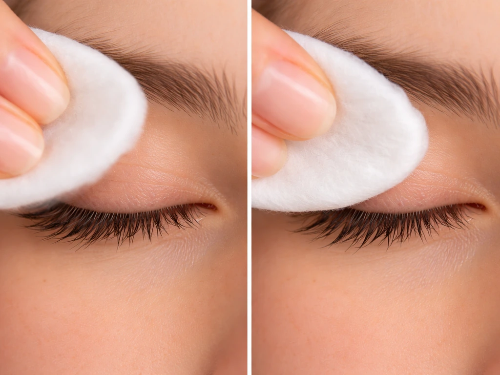 Close-up of eyes with lashes, showing lash-line rubbing/pulling versus gentle removal with cotton pad.
