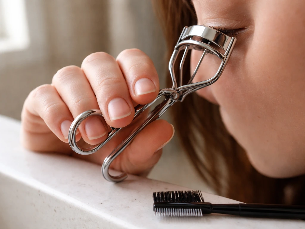 Close-up of an eyelash curler gently pressed to lashes with a clean comb nearby on a vanity.