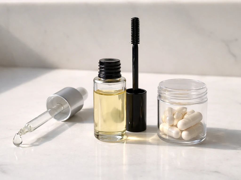 Minimal bathroom countertop with lash serum dropper, castor oil wand applicator, and biotin capsules.