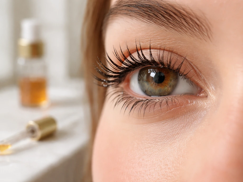 Close-up of natural eyelashes with a softly blurred dropper and serum-like shine suggesting lash growth.