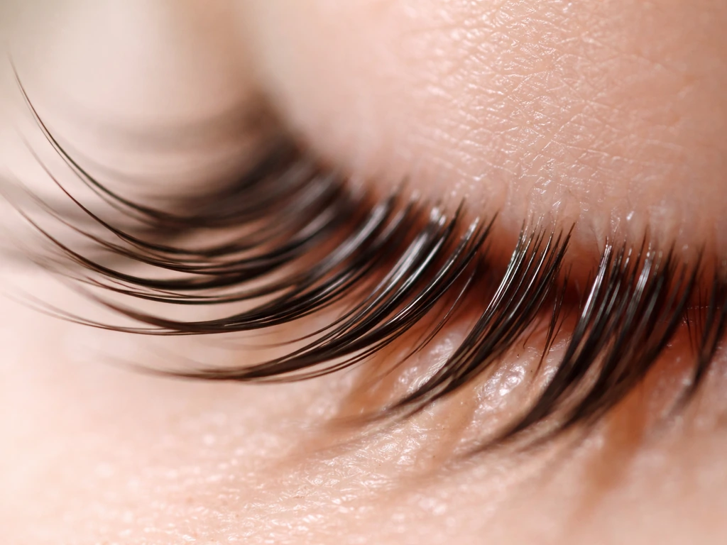 Macro photo showing glossy eyelash-like keratin fibers next to a few soft eyelash hairs on a clean background.