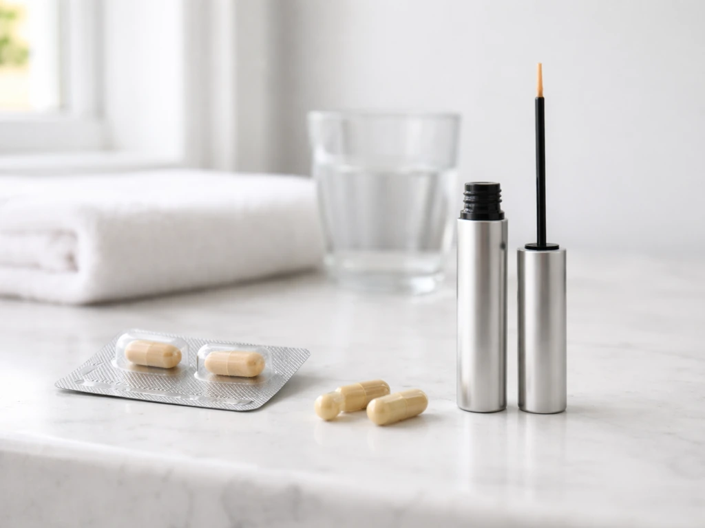 Two biotin items on a bathroom counter: capsules beside a lash serum applicator bottle with dropper tip.