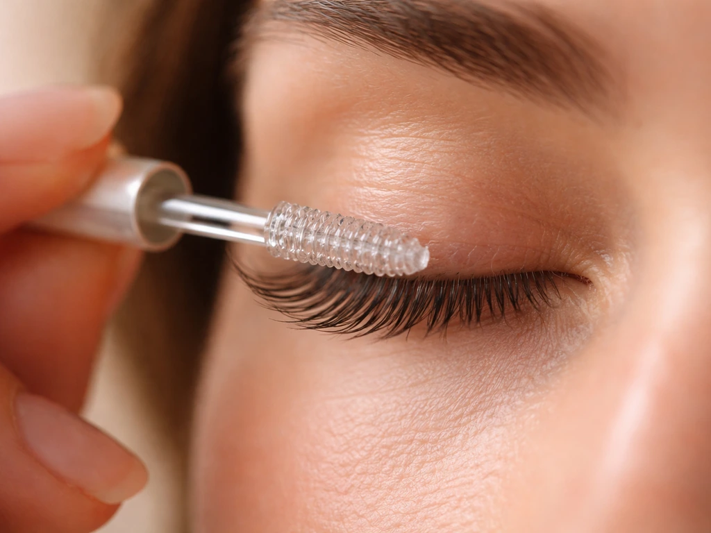 Macro close-up of a wand applying biotin lash conditioner along the lash line.