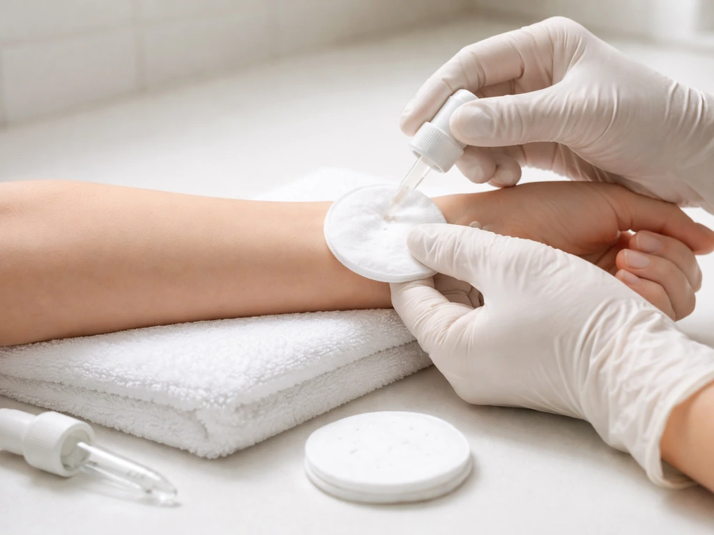 Person patch testing a small biotin product on inner arm with cotton pad and applicator