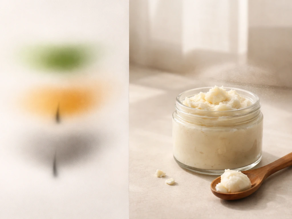 Minimal photo showing an occlusive barrier concept beside a jar of shea butter, contrasting lash growth cycles.