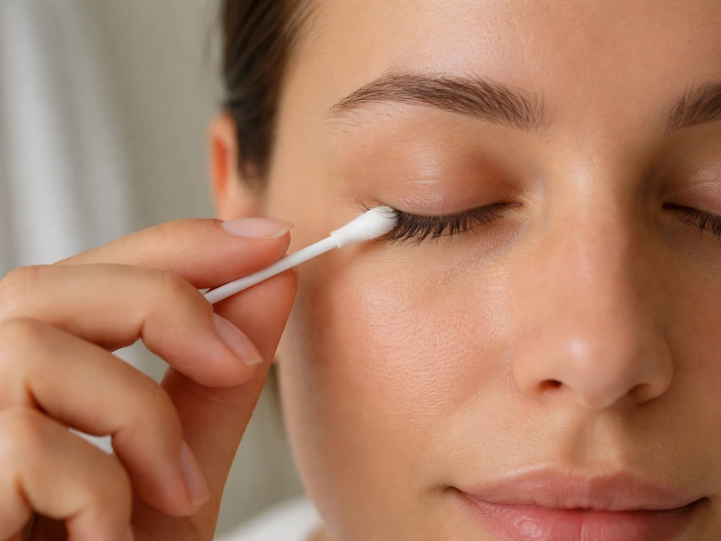 Close-up of cotton swab removing eye makeup in a clean, softly lit bathroom setting