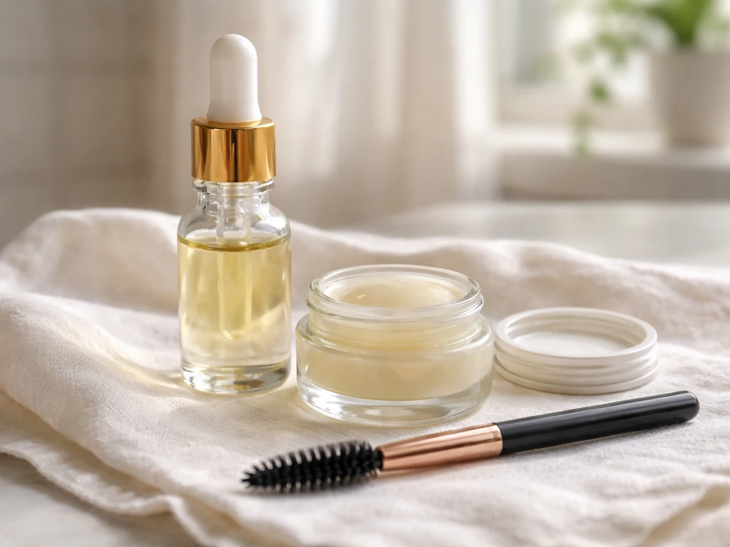 Minimal beauty scene showing eyelash care options with small open containers and a soft brush on a clean vanity.