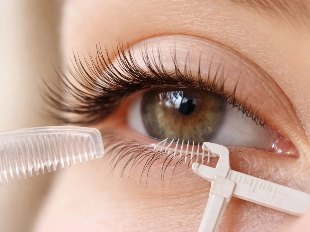 Close-up of a person’s eyelashes with a subtle lash-measurement cue, showing eyelash growth inquiry