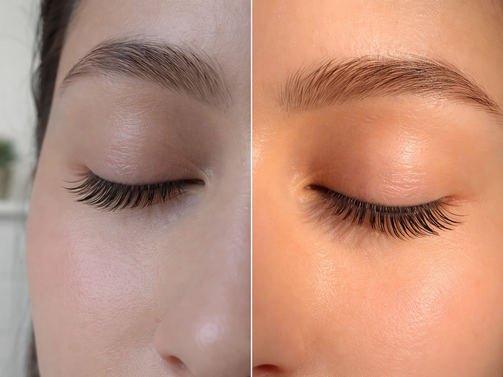Close-up eye showing shorter lashes on one side and longer, fuller lashes on the other via lighting split.